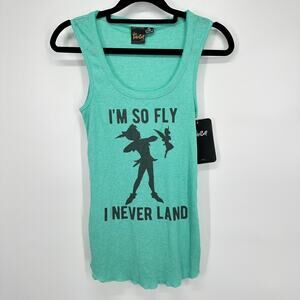 Disney Tinker Bell Women's Tank Top Small Green "I‎ Never Land" Graphic Y2K NWT